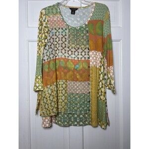 Multiples Multicolor Print Tunic Top Size M Bell 3/4 Sleeves Quiet Luxury Boho